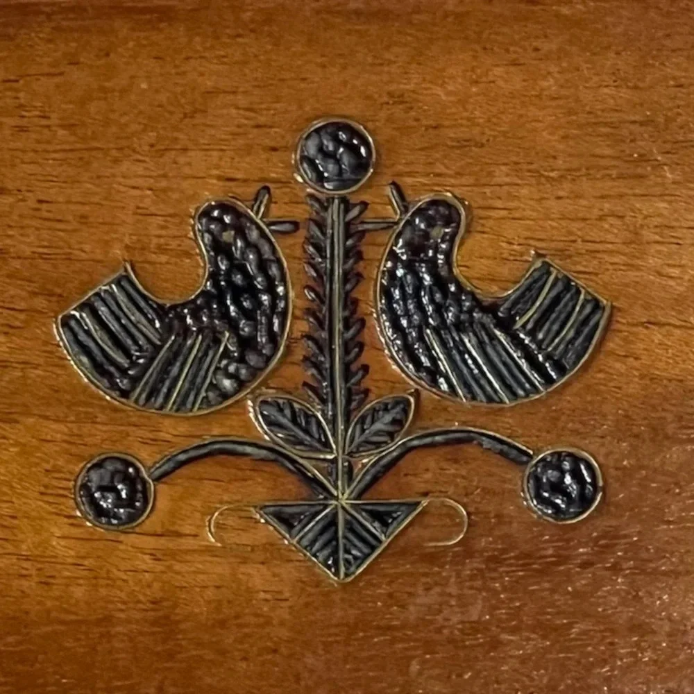 Mid Century Modern Polish Folk Art trinket box with brass inlay bird carvings